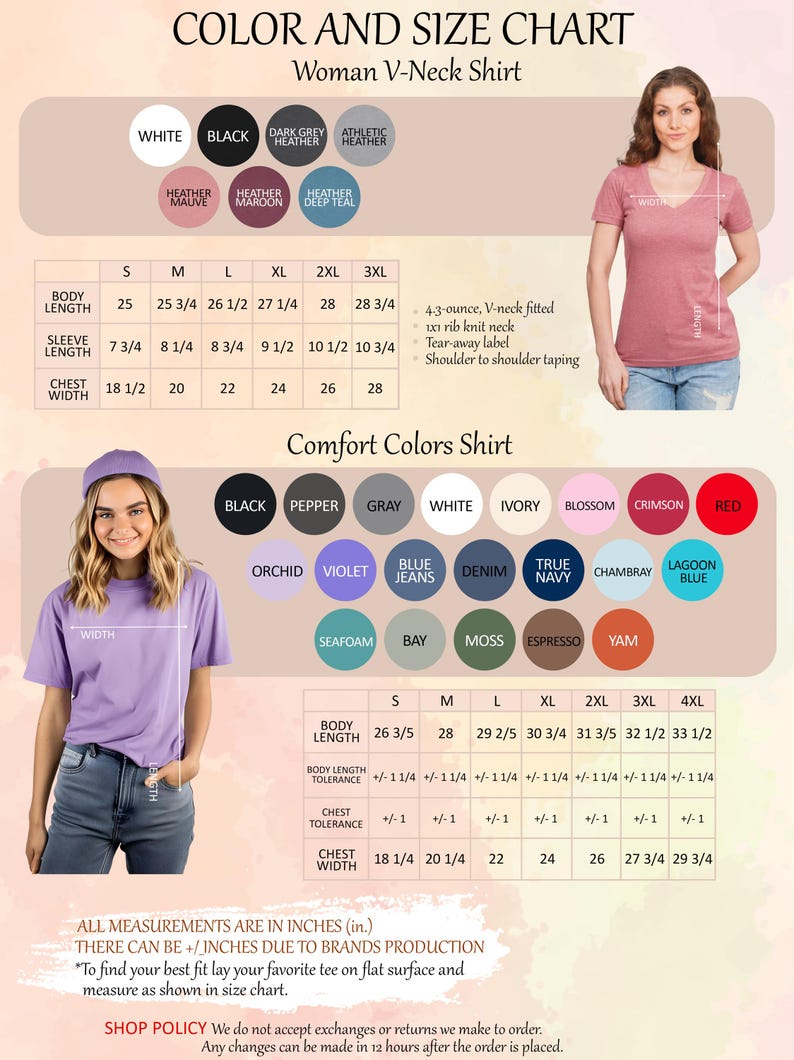 May include: A size chart for a V-neck shirt with measurements in inches. The chart shows the body length, sleeve length, chest width, and body length tolerance for sizes S through 4XL. The chart also includes a color chart with various colors for the shirt.