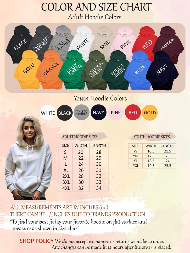 May include: Color and size chart for adult and youth hoodies. The chart shows different colors and sizes for hoodies. The chart also includes a table with measurements in inches for adult and youth hoodies.