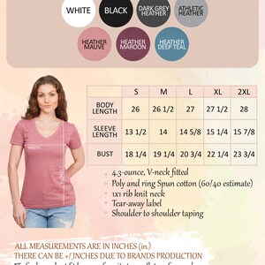 The image is a color and size chart for a woman's v-neck shirt. It includes measurements and color options for different sizes, as well as a table with the corresponding measurements. The chart is designed to help customers find the best fit for their favorite tee on a flat surface and measure it as shown in the size chart.