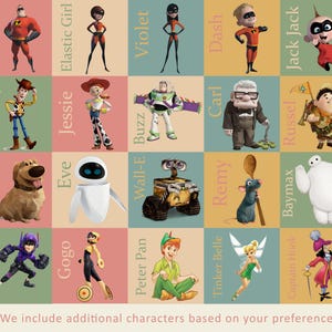 Puede incluir: Una cuadr&iacute;cula colorida de cuadrados con personajes animados populares de las pel&iacute;culas de Disney y Pixar, incluyendo Mr. Incredible, Woody, Buzz Lightyear, Wall-E, y muchos m&aacute;s. El texto "*Incluimos personajes adicionales seg&uacute;n tus preferencias" est&aacute; en la parte inferior de la imagen.