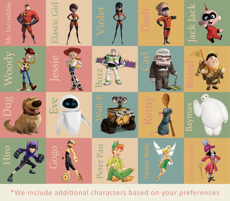 Puede incluir: Una cuadr&iacute;cula colorida de cuadrados con personajes animados populares de las pel&iacute;culas de Disney y Pixar, incluyendo Mr. Incredible, Woody, Buzz Lightyear, Wall-E, y muchos m&aacute;s. El texto "*Incluimos personajes adicionales seg&uacute;n tus preferencias" est&aacute; en la parte inferior de la imagen.