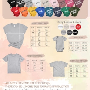 The image is a color and size chart for unisex adult, youth, and toddler clothing, including a variety of t-shirt designs in different colors and sizes.