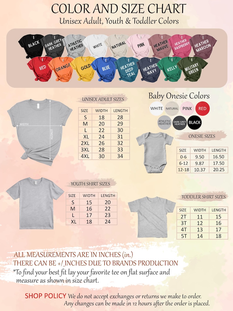 The image is a color and size chart for unisex adult, youth, and toddler clothing, including a variety of t-shirt designs in different colors and sizes.