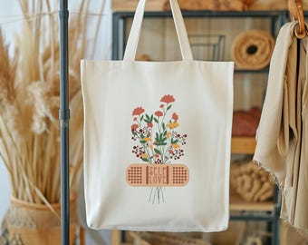 Self Love Tote Bag, Floral Tote Bag, Love Yourself Gift, Tote Bag Gift for Women, Inspirational Saying Gift, Gift for Mom