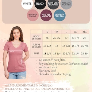 The image is a color and size chart for a woman's v-neck shirt. It includes measurements and color options for different sizes, as well as a table with the corresponding measurements. The chart is designed to help customers find the best fit for their favorite tee on a flat surface and measure it as shown in the size chart.