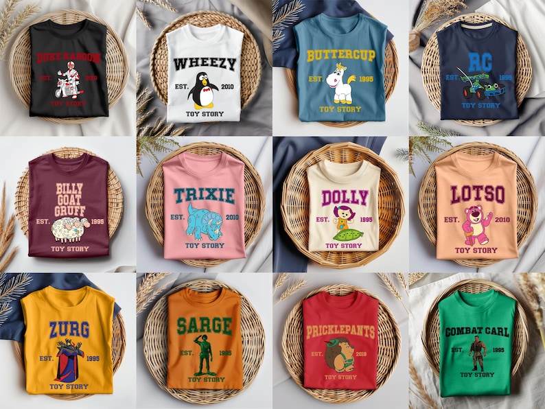 May include: A collection of twelve short-sleeved t-shirts in various colors, each featuring a unique Toy Story character graphic, the character's name in bold lettering, an established year, and the text Toy Story printed below the illustration.