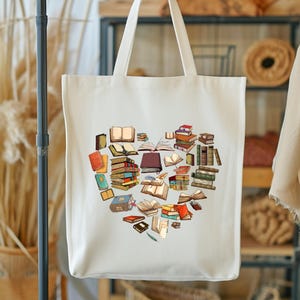 Heart Books Tote Bag, Book Lover Tote Bag, Books Tote Bag, Reader Tote Bag, Library Tote, Cute Bookish Tote, Gift For Reader
