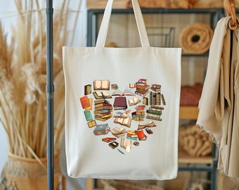 Heart Books Tote Bag, Book Lover Tote Bag, Books Tote Bag, Reader Tote Bag, Library Tote, Cute Bookish Tote, Gift For Reader