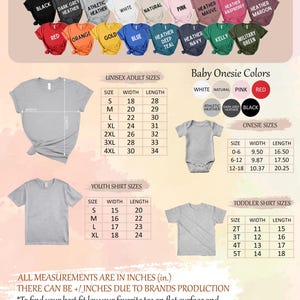 The image is a color and size chart for unisex adult, youth, and toddler clothing, including a variety of t-shirt designs in different colors and sizes.