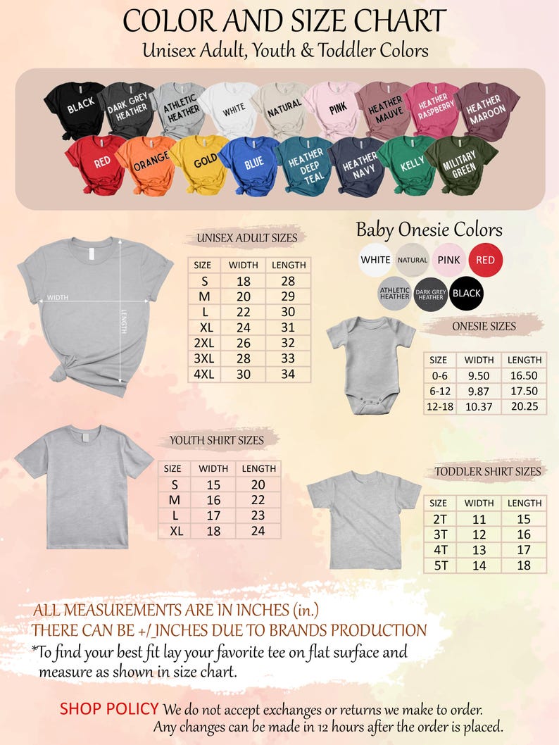 The image is a color and size chart for unisex adult, youth, and toddler clothing, including a variety of t-shirt designs in different colors and sizes.