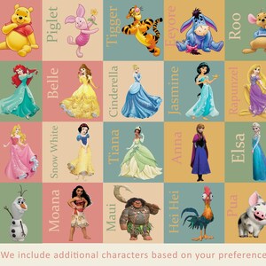 Puede incluir: Una cuadr&iacute;cula colorida de personajes de dibujos animados de pel&iacute;culas de Disney. La cuadr&iacute;cula incluye personajes como Winnie the Pooh, Piglet, Tigger, Eeyore, Roo, Ariel, Belle, Cenicienta, Jasmine, Rapunzel, Aurora, Blancanieves, Tiana, Anna, Elsa, Olaf, Moana, Maui, Hei Hei y Pua.