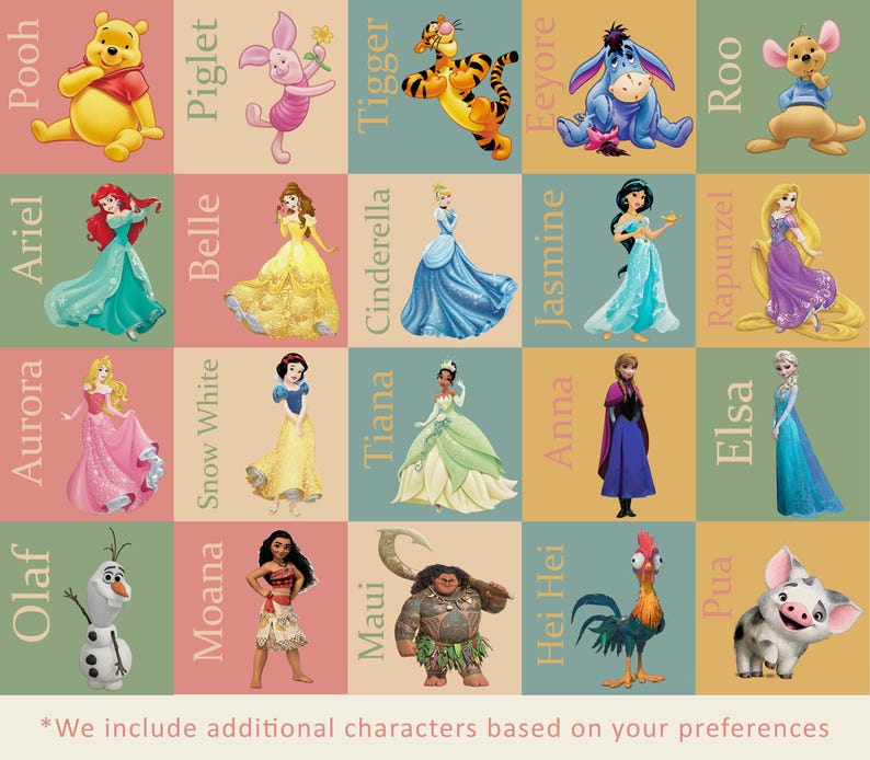 Puede incluir: Una cuadr&iacute;cula colorida de personajes de dibujos animados de pel&iacute;culas de Disney. La cuadr&iacute;cula incluye personajes como Winnie the Pooh, Piglet, Tigger, Eeyore, Roo, Ariel, Belle, Cenicienta, Jasmine, Rapunzel, Aurora, Blancanieves, Tiana, Anna, Elsa, Olaf, Moana, Maui, Hei Hei y Pua.