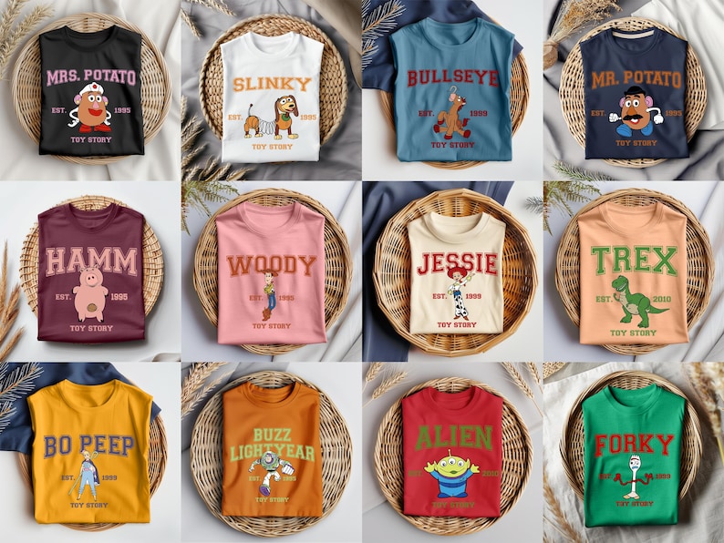 May include: A collection of twelve t-shirts featuring Toy Story characters including Mrs. Potato Head, Slinky Dog, Bullseye, Mr. Potato Head, Hamm, Woody, Jessie, Rex, Bo Peep, Buzz Lightyear, Alien, and Forky, each with character-specific text.