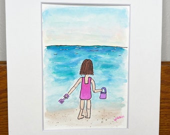 Girl in Pink at the Beach Original 5x7 Watercolor Painting, Wall Art, Original Art, 8x10 Mat Included