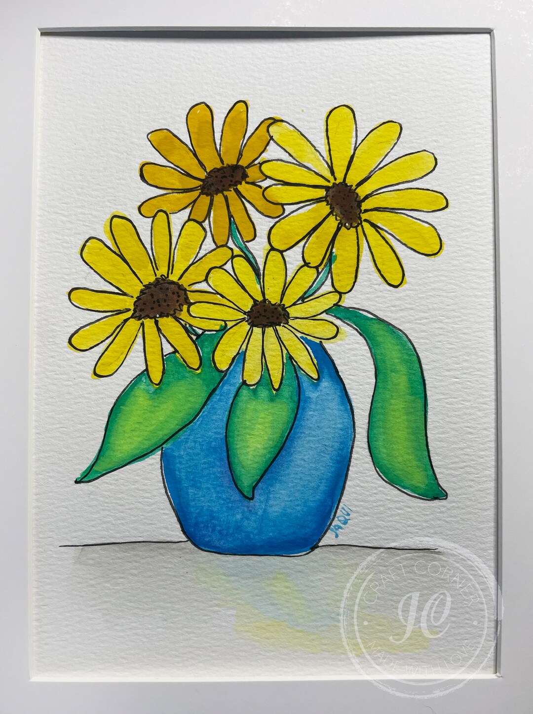 Yellow Flowers in Blue Vase Painting Original 5x7 Watercolor Painting, Wall Art, Original Art