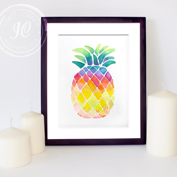 Colorful Pineapple Original 5x7 Watercolor Painting, Wall Art, Original Art, 8x10 Mat Included. Unique gift.