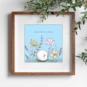 Stop & Rieche die Blumen | Quadratischer Druck, Spaß illustrierte Achtsamkeit Kunst, psychische Gesundheit, manifestiert, minimal, Wand Affirmation, Therapie Dekor