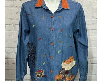 Vintage Tantrums Women’s Fall Embroidered Denim Shirt (Size XXL)