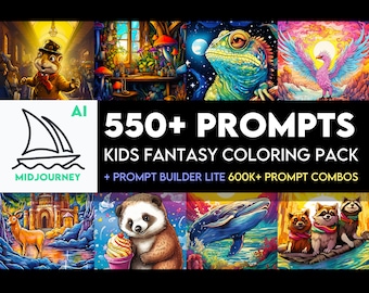 550+ Childrens Fantasy Midjourney Prompts VOL 2.  Full Color and B&W Included.  + PXZL Prompt Builder Lite.  Over 600k prompts.  Standard