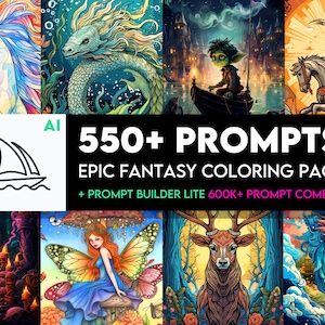 May include: A collection of fantasy art images, including a unicorn, a sea serpent, and a knight on horseback. The text "550+ PROMPTS EPIC FANTASY COLORING PACK" is displayed. The image also includes the text "+ PROMPT BUILDER LITE 600K+ PROMPT COMBOS".