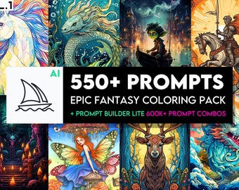 550+ Fantasy Midjourney Prompts.  Full Color and B&W Included.  inc. PXZL Prompt Builder Lite.  Create over 600k prompts - Standard Pack