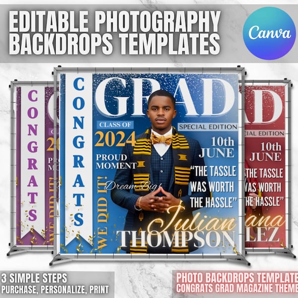 CONGRATS GRAD Magazine Themed Editable Graduation Photography Backdrop/Banner, Graduation Party Backdrop/Banner, DIY Custom Canva Template