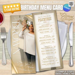 Könnte beinhalten: Eine Geburtstagskarte mit goldenem und weißem Design. Die Speisekarte zeigt ein Foto einer Frau und den Text "Angela Brown". Die Speisekarte umfasst Vorspeisen, Hauptgerichte, Desserts und Getränke. Die Karte enthält auch den Text "Sofortiger Download, 100% editierbare Vorlage!"