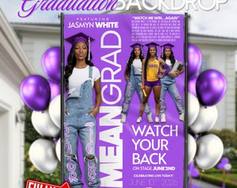 Purple Graduation Party Backdrop  (8 x 5ft), Mean Grad Movie Poster Themed | Editable Canva Template, Instant Download