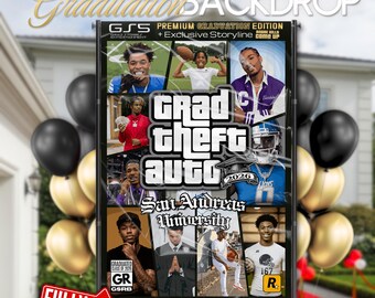 Graduation Party Backdrop (5x8ft), Grad Theft Auto Themed | Editable Canva Template, Instant Download