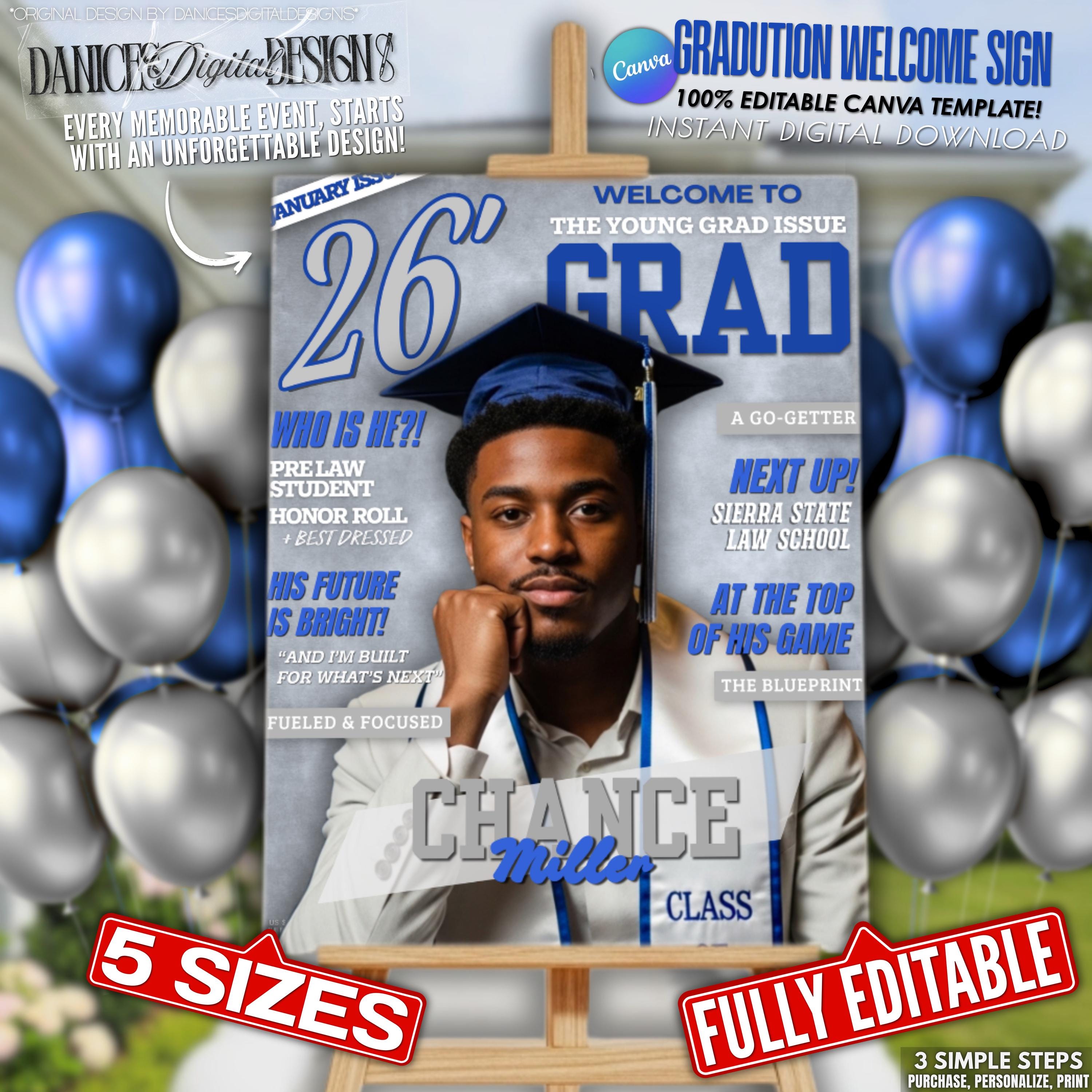 Graduation Party Welcome Sign (5 Sizes) - Blue & Grey Grad Magazine ...