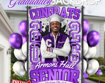 Purple and White Graduation Party Backdrop (5x8ft), Paint Splatter Themed | Editable Canva Template, Instant Download