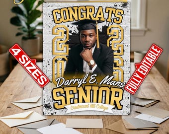Gold/White Jumbo Graduation Card, Graffiti Themed Senior Gift (4 Sizes) | Editable Canva Template, Instant Download