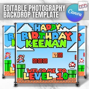 Super Bros Mario Game Themed Birthday Backdrop: Video Game Party Decor (DIY Non-Pro Editable Canva Template)