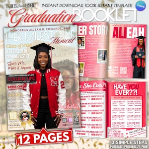 May include: A graduation booklet template with a red and white theme. The cover features a photo of a graduate in a cap and gown, with text that reads "Her Milestone Moment." Inside are pages with photos and text, including "Her Story" and "Have You Ever?!"
