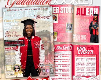 12 Page Graduation Magazine Booklet, Red Grad Party Keepsake | Editable Canva Template, Instant Download