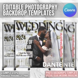 Wedding Bridal Shower Party Decor, Magazine Cover Themed Photo Booth Backdrop (DIY Editable Non-Pro Canva Template, Digital Download)