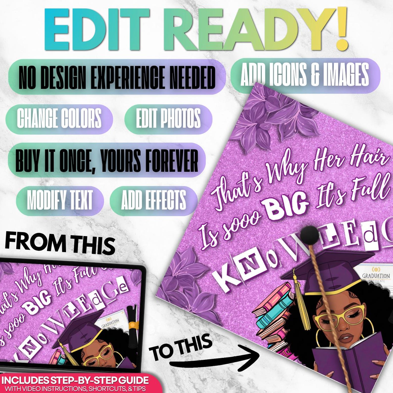 Knowledge Topper Her Hair is Knowledge, 2026 Graduation Cap Topper Template | Editable ...