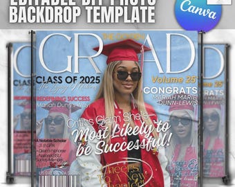 Decoração para festa de formatura da turma de 2026, fundo com capa de revista: modelo editável para Canva (download digital instantâneo)