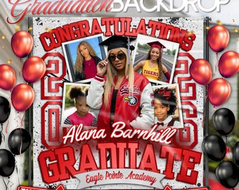 Red and White Graduation Party Backdrop (8x8ft), Paint Splatter Themed | Editable Canva Template, Instant Download