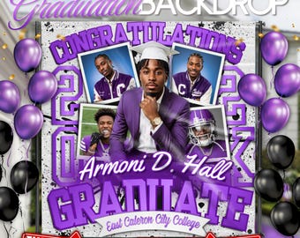 Purple and White Graduation Party Backdrop (8x8ft), Paint Splatter Themed | Editable Canva Template, Instant Download
