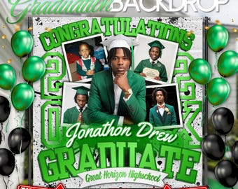 Green & White Graduation Party Backdrop (8x8ft), Paint Splatter Themed | Editable Canva Template, Instant Download