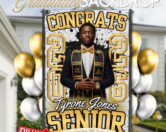 Gold and White Graduation Party Backdrop (5x8ft), Paint Splatter Themed | Editable Canva Template, Instant Download