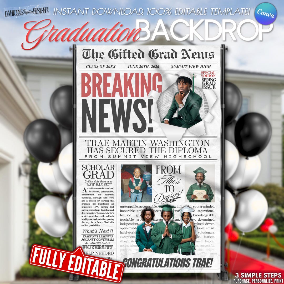 Graduation Party Backdrop (5x8ft), Breaking Newspaper Themed | Editable ...