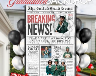 Graduation Party Backdrop (5x8ft), Breaking Newspaper Themed | Editable Canva Template, Instant Download