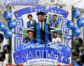 Blue and White Graduation Party Backdrop (8x8ft), Paint Splatter Themed | Editable Canva Template, Instant Download