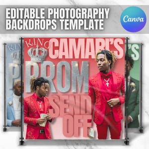 May include: A red and pink backdrop with the text "King Camare's Prom Send Off" in silver glitter letters. A crown is above the text. Two men in red suits are standing on either side of the backdrop.