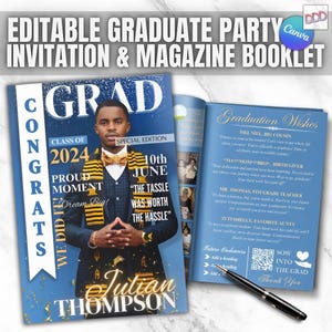 May include: A blue and gold graduation party invitation and magazine booklet with a photo of a graduate wearing a cap and gown. The text on the cover reads "GRAD" and "CONGRATS" with the graduate's name "Julian Thompson" at the bottom. The magazine booklet includes graduation wishes from family and friends.