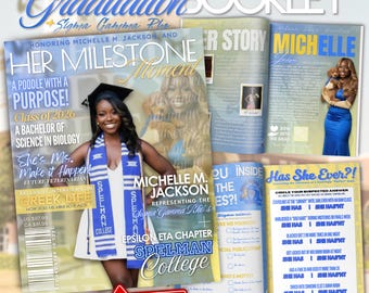 12 Page Graduation Magazine Booklet, Blue & Yellow Sorority Grad Party Keepsake | Editable Canva Template, Instant Download