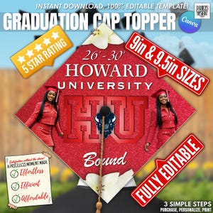 Peut inclure: Un dessus de coiffe de graduation rouge pailleté avec le texte "HOWARD UNIVERSITY" et "HU Bound". Le design comprend des images d'une diplômée et le texte "5 STAR RATING". Disponible en tailles de 22,86 cm et 24,13 cm, entièrement modifiable.