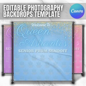 May include: A blue and gold glitter backdrop with the text "Welcome To... Queen Ashanti's Senior Prom Sendoff" and a crown graphic. The backdrop is decorated with small gold glitter and the text "Ashanti 2025" is repeated multiple times.